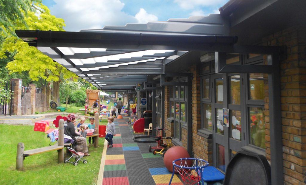 Children Playing Outside Under School Canopy