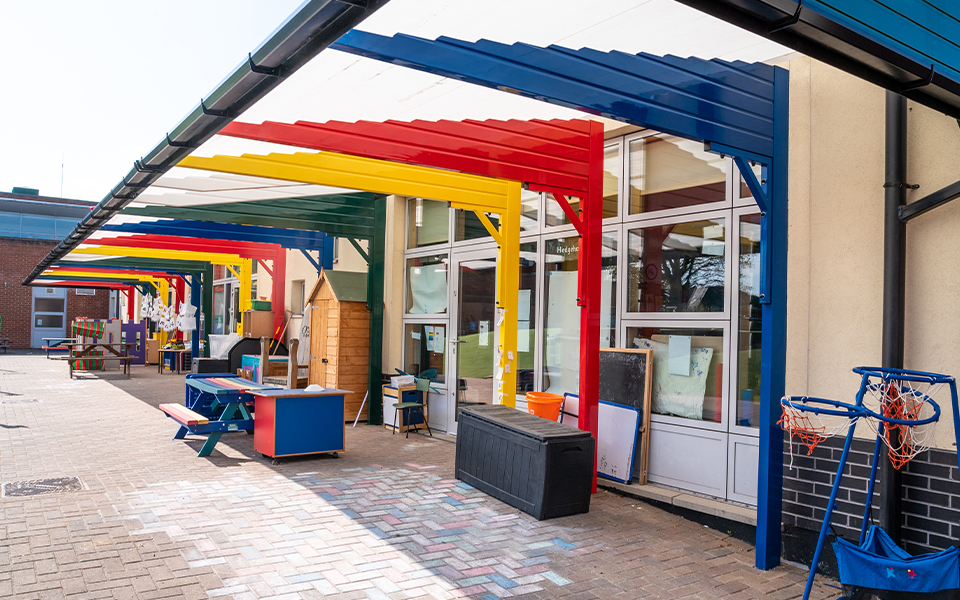 Rainbow coloured playground canopy