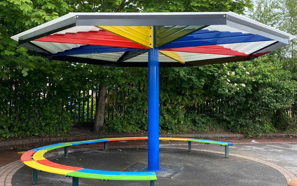 rainbow coloured umbrella playground shelter