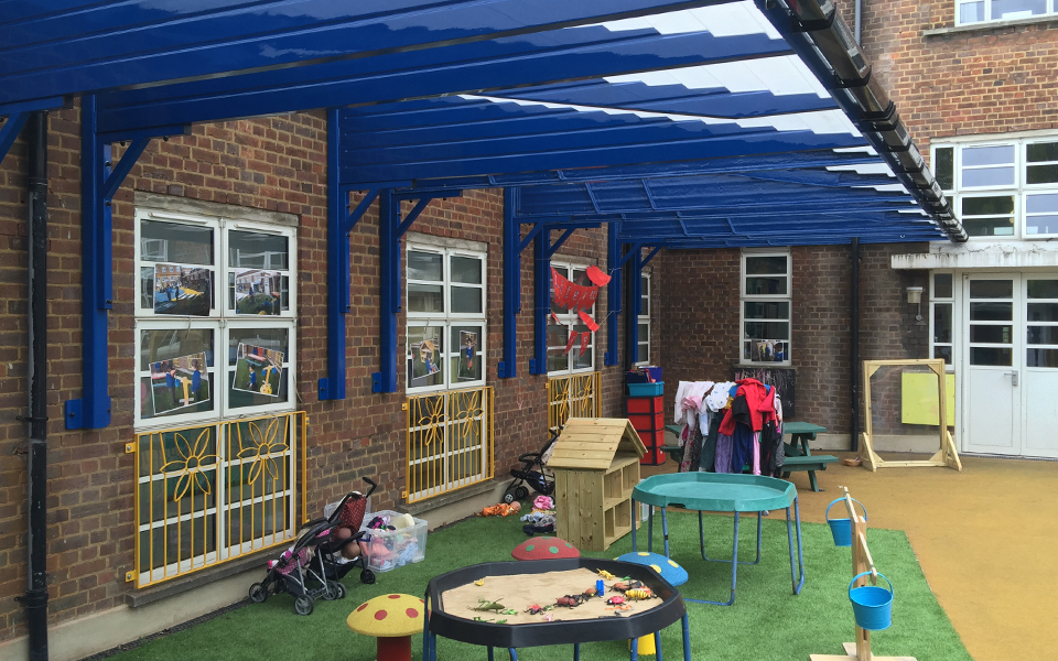 blue play area shelter