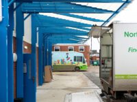 Light blue canopy used as a loading bay