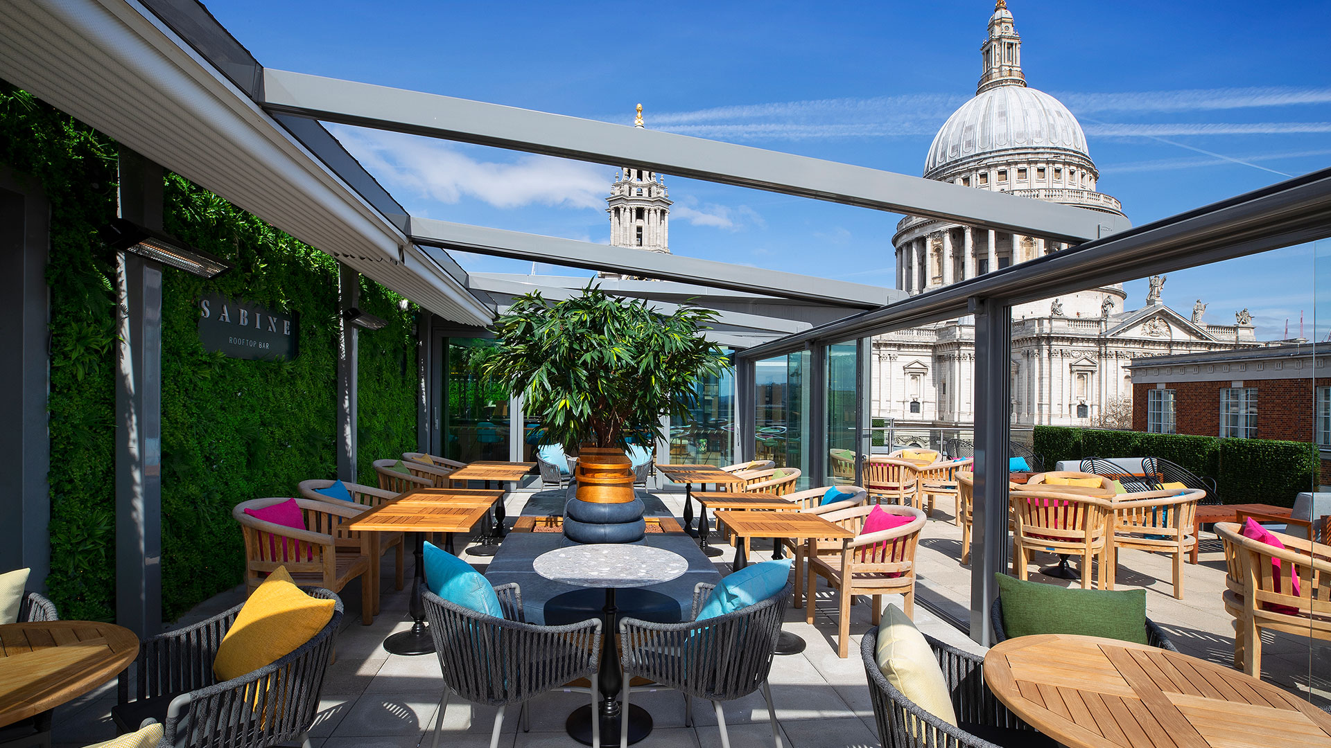 Bar roof terrace overlooking St Paul's Cathedral in London